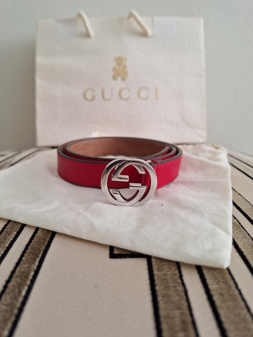 Gucci Red Leather Kids Belt with Silver Double G Buckle